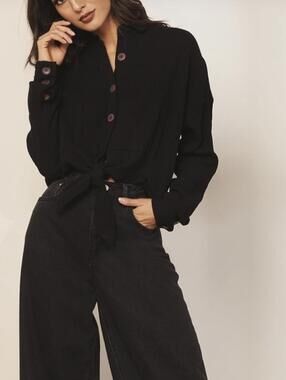 Free People Cotton Black Sun Streak Button Down Tie Front Shirt - Size - Large